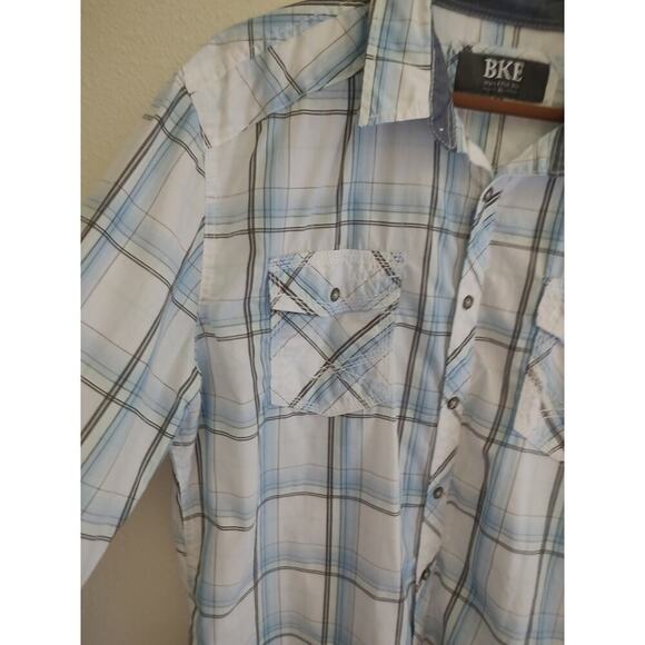 BKE Blue White Grey Green Plaid Long Sleeve Button Front Embroidered Pockets XL - Picture 8 of 11